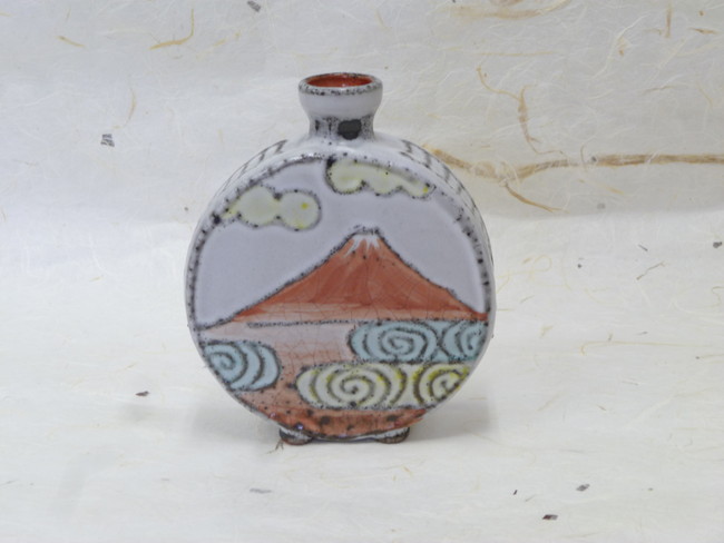 京焼　赫三郎窯　筒描赤富士　扁壺　(表裏色変り)